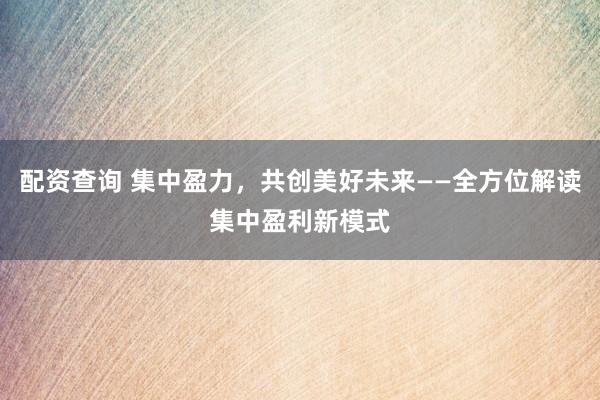 配资查询 集中盈力，共创美好未来——全方位解读集中盈利新模式